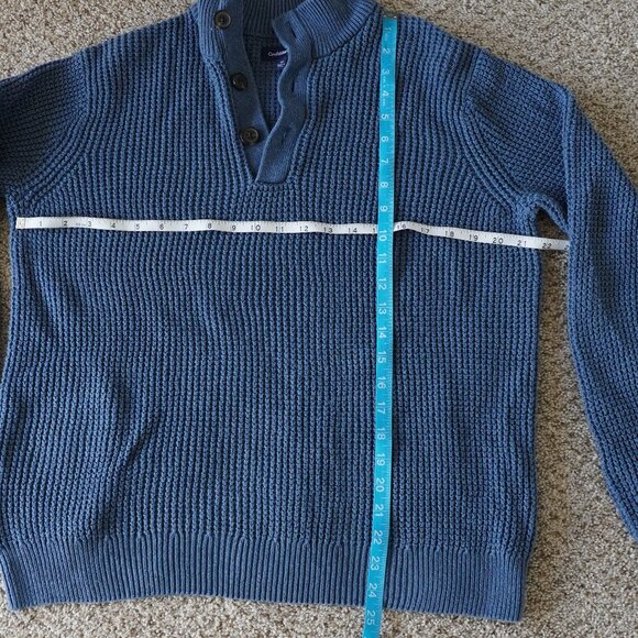 Cotton Henley Waffle Knit Slouchy Oversized Sweater - M - Blue - Picture 7 of 8